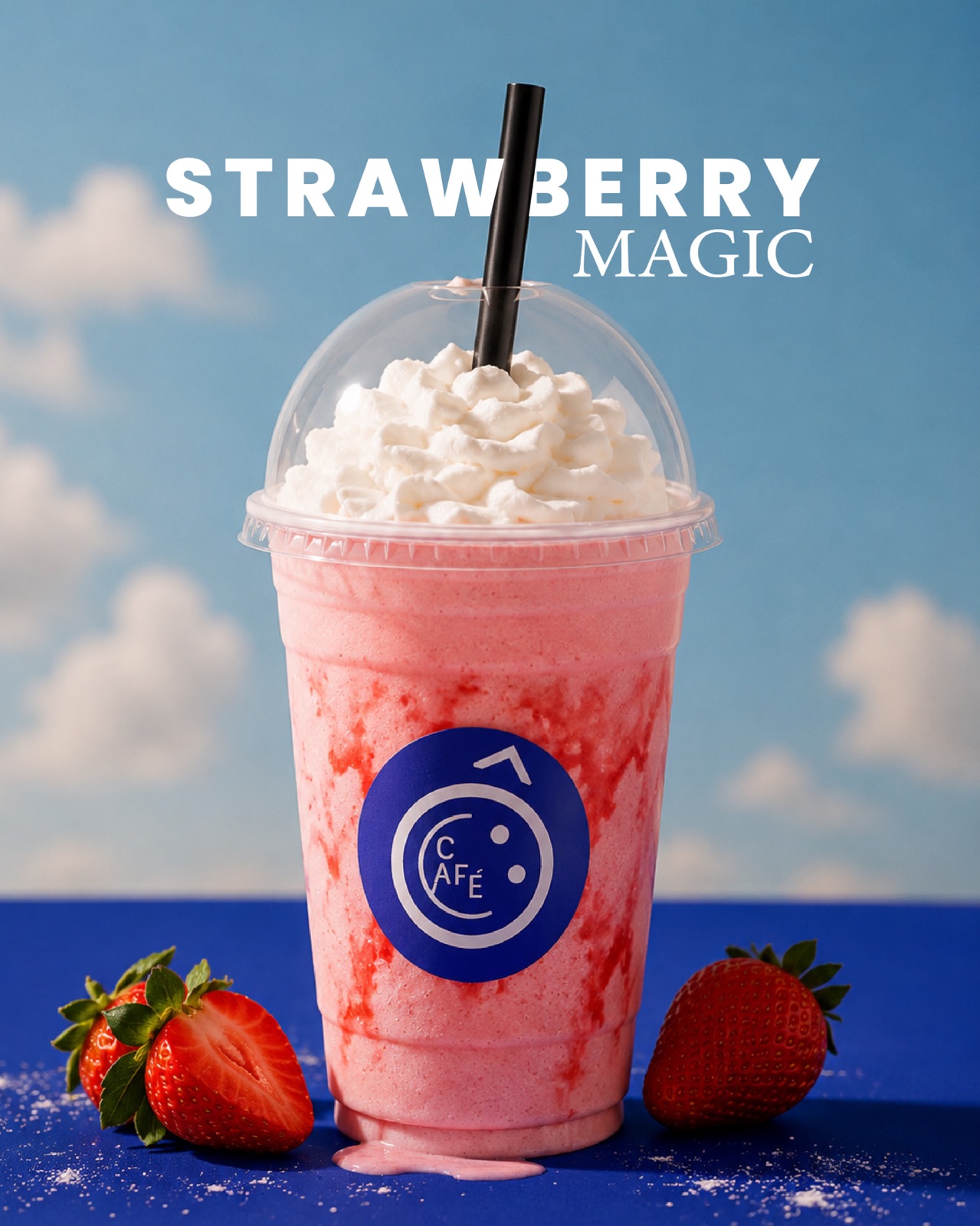 The Strawberry Magic frappé topped with whipped cream against a blue summer sky